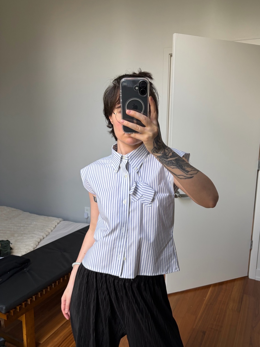 Reworked Sleeveless Blue & White Striped Button-Down Top
